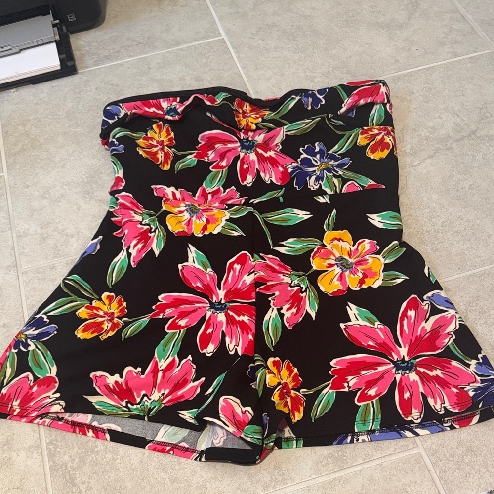 Fashion Nova Floral Strapless Romper - Black with Red, Pink, Yellow, Green